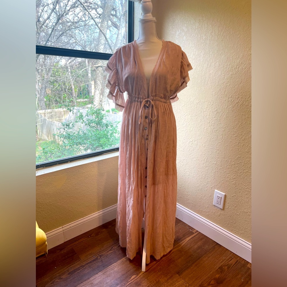 Rose pink deep v neck boho dress small button up ruffle